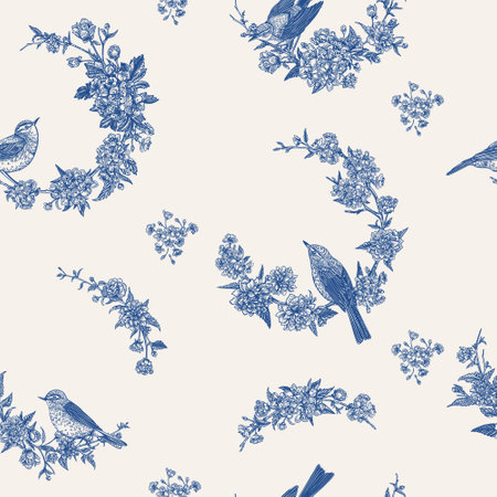 Seamless spring pattern with birds. floral print. blue.のイラスト素材