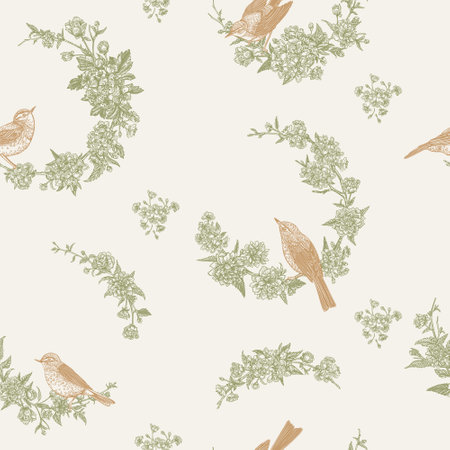 Vintage seamless pattern with floral wreaths and birds. Green and gold.のイラスト素材