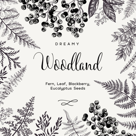 Vintage floral invitation card with leaves and berries. Vector botanical illustration.Black and white.のイラスト素材