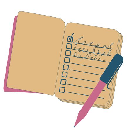 Pen and open notebook for notes. A to-do list has been compiled. Vector illustration.のイラスト素材