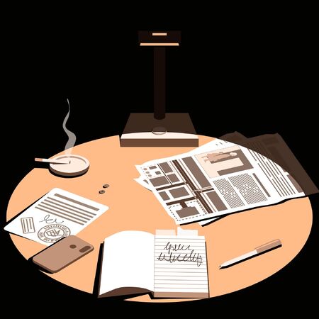 Late in the evening, a lamp falls on the desktop. Desk of a detective, investigator or night shift worker. View from above. Flat vector illustration.のイラスト素材