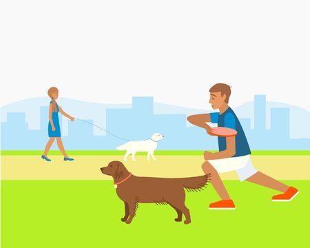 Beautiful dog labrador by the master in the park. Summer fun in nature. Summer people outdoors with pets. Vector flat illustration.のイラスト素材