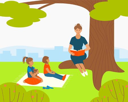 Mom or nanny is reading a book to children in the park. Two children and one woman are reading a book outdoors. Flat vector illustration.&#xD;&#xA;のイラスト素材