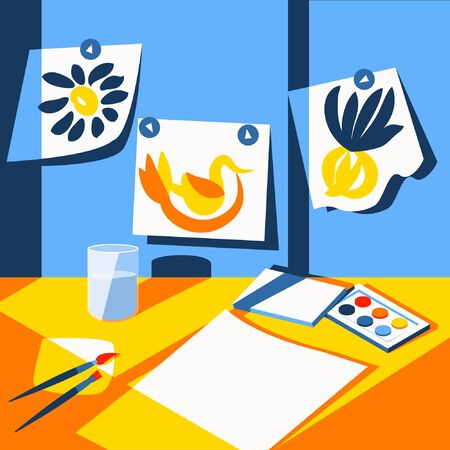The light from the window falls on the table with paints and a sheet of paper. On the table are paint, a sheet of paper and brushes. Drawings are hanging on the board. Flat vector illustration.&#xD;&#xA;&#xD;&#xA;のイラスト素材