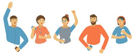 Set of different people dancing to the music a book or lectures from the phone.のイラスト素材
