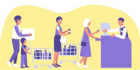 
Male and female customers stand at queue at the checkout. Family shopping in supermarket and paying with card. Sale, discount, special offer concept.  Flat vector illustration.のイラスト素材
