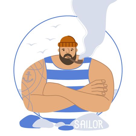 Sailor with a tattoo in a striped T-shirt and with a pipe. Seagulls, seashore complement the image of a sailor. Greeting card for holidays associated with sailors. Flat vector illustration.のイラスト素材