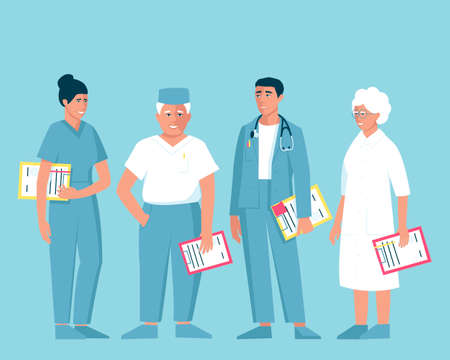 Doctors of different ages and genders. Female and male doctors hold folders to record the patient's illness. The male doctor has a stethoscope on his shoulders. Flat vector illustration.のイラスト素材