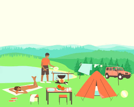 Young couple are resting in nature near the lake and beautiful nature. The man is preparing dinner. A woman is sunbathing near the lake. The newlyweds came by car to nature. Flat vector illustration.のイラスト素材
