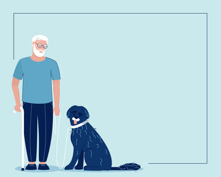 Frame with an old man and a guide dog. Portuguese aquatic dog with his master. Happy pet and dog handler. Flat vector illustration.のイラスト素材