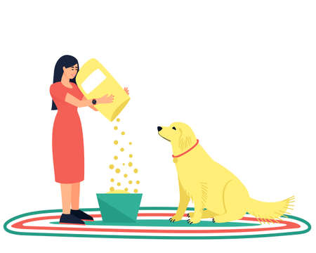 Dog handler pouring food to his beloved dog. The woman takes care of her pet. A strong friendship between a man and a dog. Flat vector illustration.のイラスト素材
