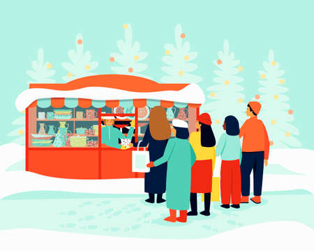 Queue at the kiosk for festive dishes. Christmas Fair. The seller at the stall serves buyers. Winter season. Flat vector illustration.のイラスト素材