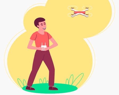 Child playing drone remote for lifestyle design. Happy boy playing by quadcopter. The drone takes off into the sky. Flat vector illustration.のイラスト素材