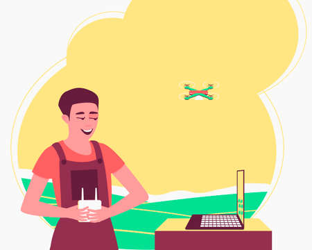 Unmanned technologies monitor and process crops. Farmer controls a quadcopter. Smart farming. Drone with a camera to monitor the state of the crop. Flat vector illustration.のイラスト素材