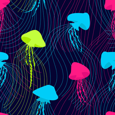 Seamless pattern neon jellyfish on dark background. Design with jellyfish. Stylized deep sea animal...