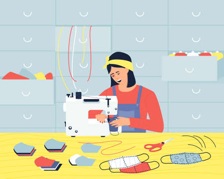 In the workshop, a woman sews medical cloth masks on a sewing machine.  Blanks for fabric masks are laid on the table. Flat vector illustration.のイラスト素材