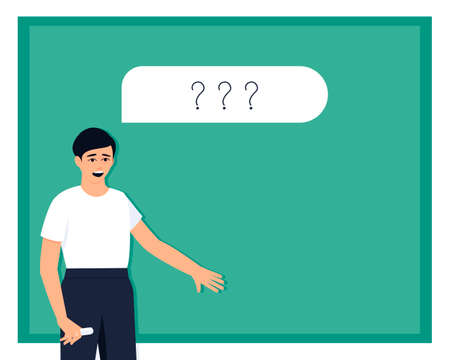 Frame with a student at the blackboard. The student does not know how to answer the question. There is room for your text on the board. Flat vector illustration.のイラスト素材