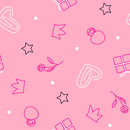 Seamless pattern with symbols for little princesses on a pink background. Suitable for packaging design for Valentine's Day. Flat vector illustration.のイラスト素材