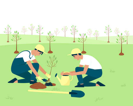 Gardeners plant stone fruit crops in the spring. In spring, plants take root better, develop and survive. Concept of collaboration and environment care. Flat vector illustrationsのイラスト素材