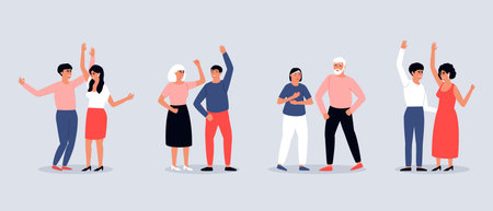 Set of dancing pairs of men and women. People move to the beat of the music. Festive mood. Happy dancing people. Holiday flat vector illustration.のイラスト素材
