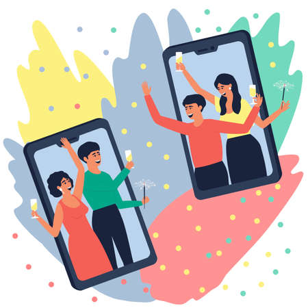 Friends congratulate each other on the holiday using a video message on the phone.のイラスト素材
