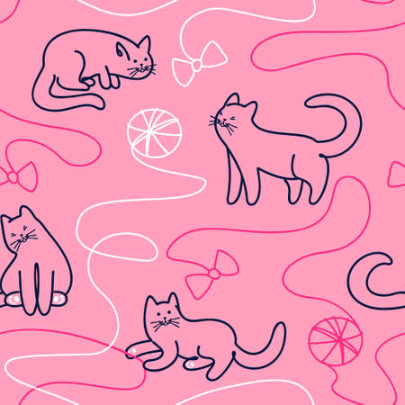 Seamless pattern line art of cute cats playing with a ball of thread. Contour drawing of cute funny cats. Cute kitten vector. Flat vector illustration.のイラスト素材