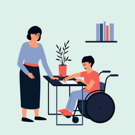 Mom helps her son with disabilities do homework. Concept for learning at home in isolation or doing homework. Boy in a wheelchair. Flat vector illustration.のイラスト素材