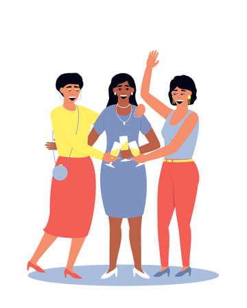 Girlfriends are relaxing at the holiday drinking Champagne. Three happy women are having fun at the party. Flat isolated vector illustration.のイラスト素材