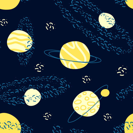 Seamless pattern of astronomical objects, represented by star clusters and planets. A simple outer...