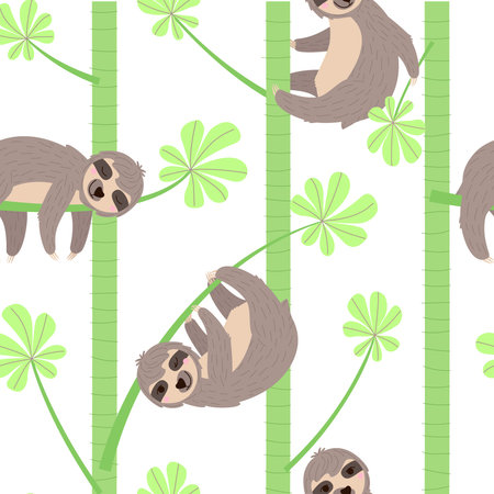 Seamless pattern of a sloth hanging on a cecropia branch. Cheerful sloth winks and smiles, holding a leaf, sleeping. Flat vector illustration of square shape.のイラスト素材