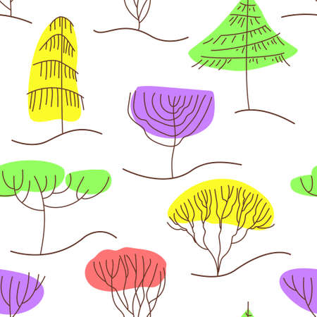 Seamless pattern with trees in line art style. Stylized trees spruce, pine, willow, larch. Decorative multi-colored kids print. Flat vector illustration.のイラスト素材