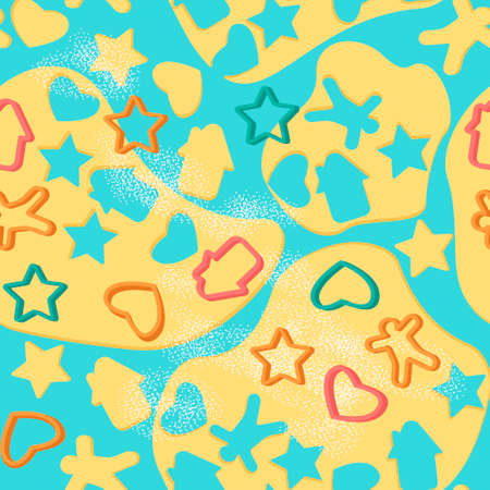 Rolled raw dough and cookie shapes in the form of a house, star, heart and gingerbread man. Flat seamless pattern. Cooking christmas cookies.のイラスト素材