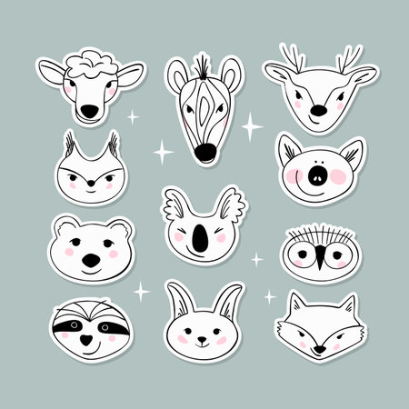 Simple animal portraits stickers - sloth, koala, pig, sheep, zebra, bear, squirrel, hare, fox, owl, deer. Simple drawings for the design of children's products. Flat Vector illustration.のイラスト素材