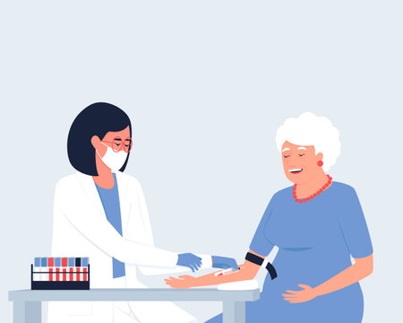 Close-up of the illustrations where a nurse takes blood from a vein for analysis from an elderly woman. A general blood test is prescribed for routine preventive examinations. Flat vector illustration.のイラスト素材