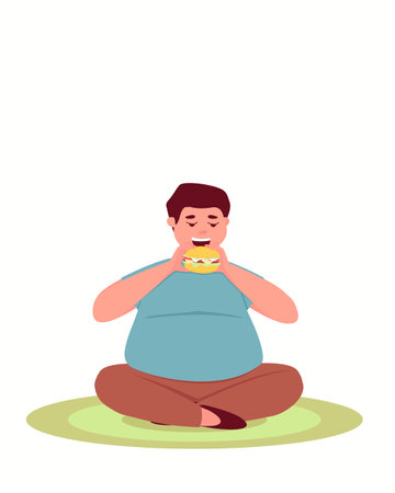 An overweight man sits in a lotus position and eats a hamburger. Male body shaming. Fast food has a bad effect on the figure of a man. Flat vector illustration.のイラスト素材