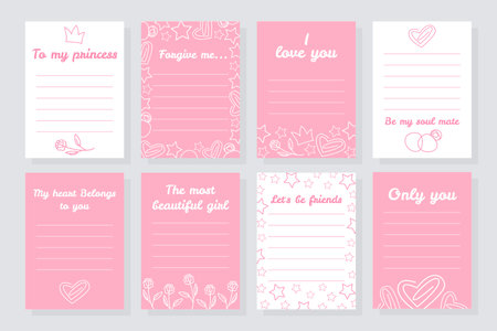 A set of valentines to acknowledge your feelings. Holiday cards for lovers in white and pink colors. Inscriptions with confessions. Place for text. Flat vector illustration.のイラスト素材
