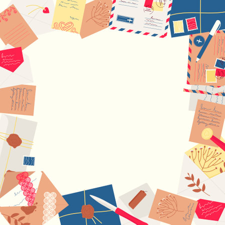 Frame made of envelopes, letters, postcards, postage stamps. Letters with love letters, dried plants, sealed with a wax seal, came from far away. Flat vector illustration.のイラスト素材