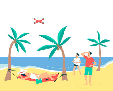 Family resting on the beach near the sea. Dad and son are launching a quadcopter. Mom is lying on a hammock with a book. Family summer vacation. Flat vector illustration.のイラスト素材