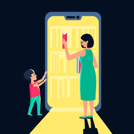 Mom and son choose a book from an electronic store or library. The phone has shelves with books. E-book purchase concept. Light illuminates people. Flat vector illustration.のイラスト素材