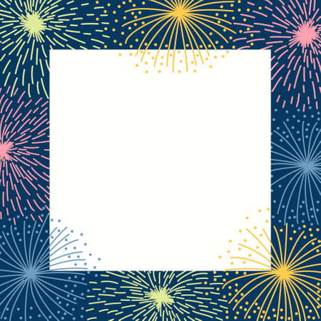 Frame with colorful fireworks on a dark background. Pattern for holiday greetings. Bright sparks of fireworks for your design. Flat vector illustration.のイラスト素材