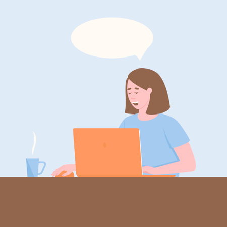 Smiling woman working on a laptop. Looking at the monitor, a woman has an idea or a fresh thought. Girl at work with a cup of coffee or tea. Flat vector illustration.のイラスト素材
