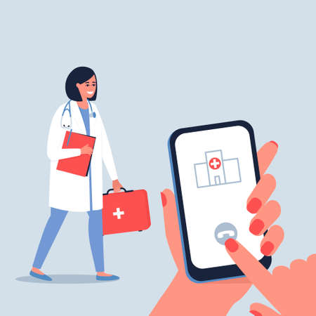 The concept of consultation and treatment of patients at home. House call for a doctor. Doctor's visit to patients. Flat vector illustration.のイラスト素材