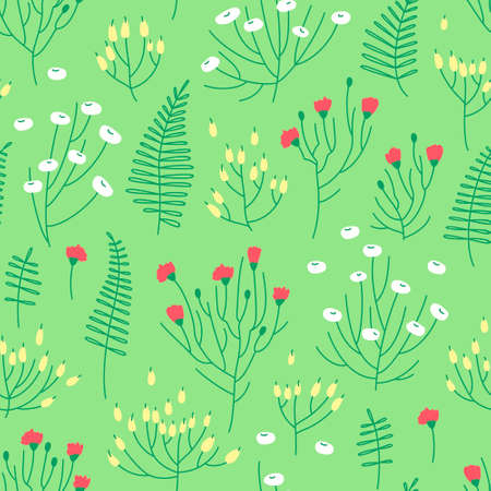 Summer flower meadow seamless pattern on green background. Delicate spring flowers for fabric design. Summer season. Flat vector illustration.のイラスト素材