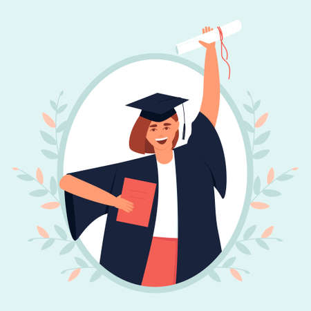 Framed graduate with diploma and scroll. Close-up of a girl in a black dress and a graduation hat. The happy teenage girl graduated from an educational institution. Flat vector illustration.のイラスト素材
