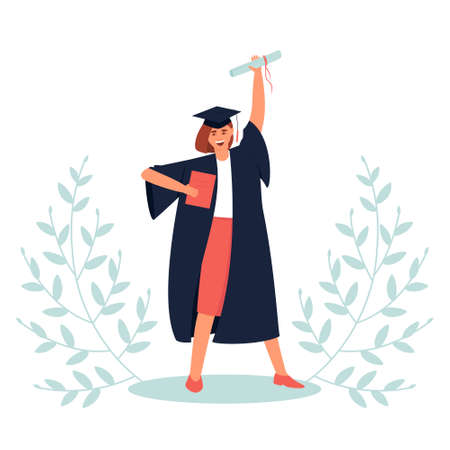 Graduate with a diploma and a scroll. Girl in a black dress and a graduation hat. Happy teenage girl graduated from an educational institution. Flat vector illustration.のイラスト素材