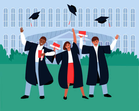 Graduates with diplomas and scrolls near the educational institution throw their graduation hats into the sky. Students in black robes. Happy teenage children graduated from school. Flat vector illustration.のイラスト素材