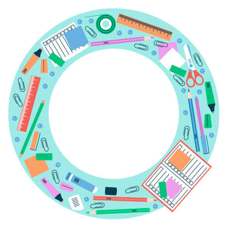Circle frame for school stationery. Stationery - pens, pencils, scissors, glue, felt-tip pens, notepads are scattered around the frame. Flat vector illustration.のイラスト素材