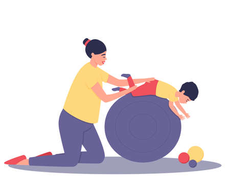 Mom and baby are doing exercises on a large ball. A fun pastime and tactile contact between mom and her baby. The woman shakes the baby on a big ball. Flat vector illustration.のイラスト素材