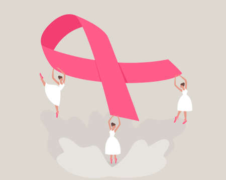 Women in white dresses hold a pink ribbon. International symbol for supporting the breast cancer program. Flat vector illustration.のイラスト素材