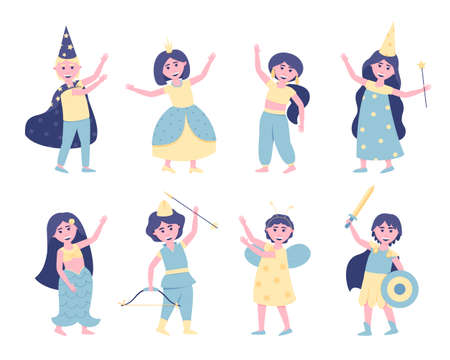 Set of children in carnival costumes. Children dressed up in costumes of heroes to participate in the holiday. Festive cheerful mood. Butterfly, princess, archer, fairy. Flat vector illustration.のイラスト素材